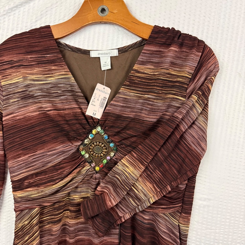 Dressbarn Brown Striped Beaded Medallion V-Neck Blouse 3/4 Sleeve NWT M